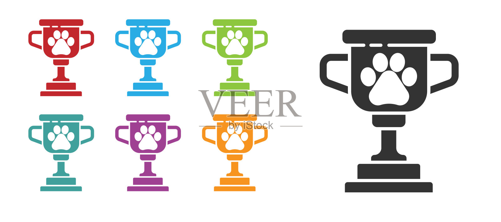 黑色宠物奖励符号图标孤立在白色背景。奖章与狗的足迹作为宠物展览优胜者的概念。设置彩色图标。向量插画图片素材