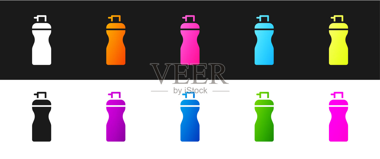 设置健身摇床图标隔离在黑白背景。运动摇瓶与盖子的水和蛋白质鸡尾酒。向量插画图片素材