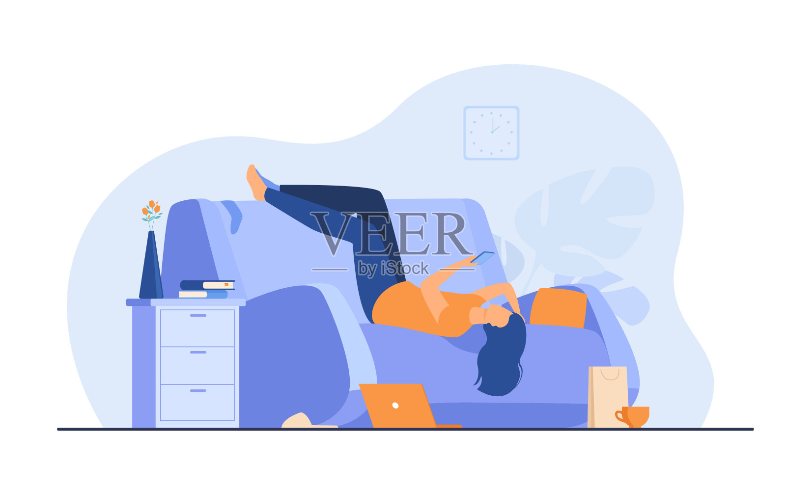 慵懒抑郁的女人在沙发上拿着手机休息插画图片素材