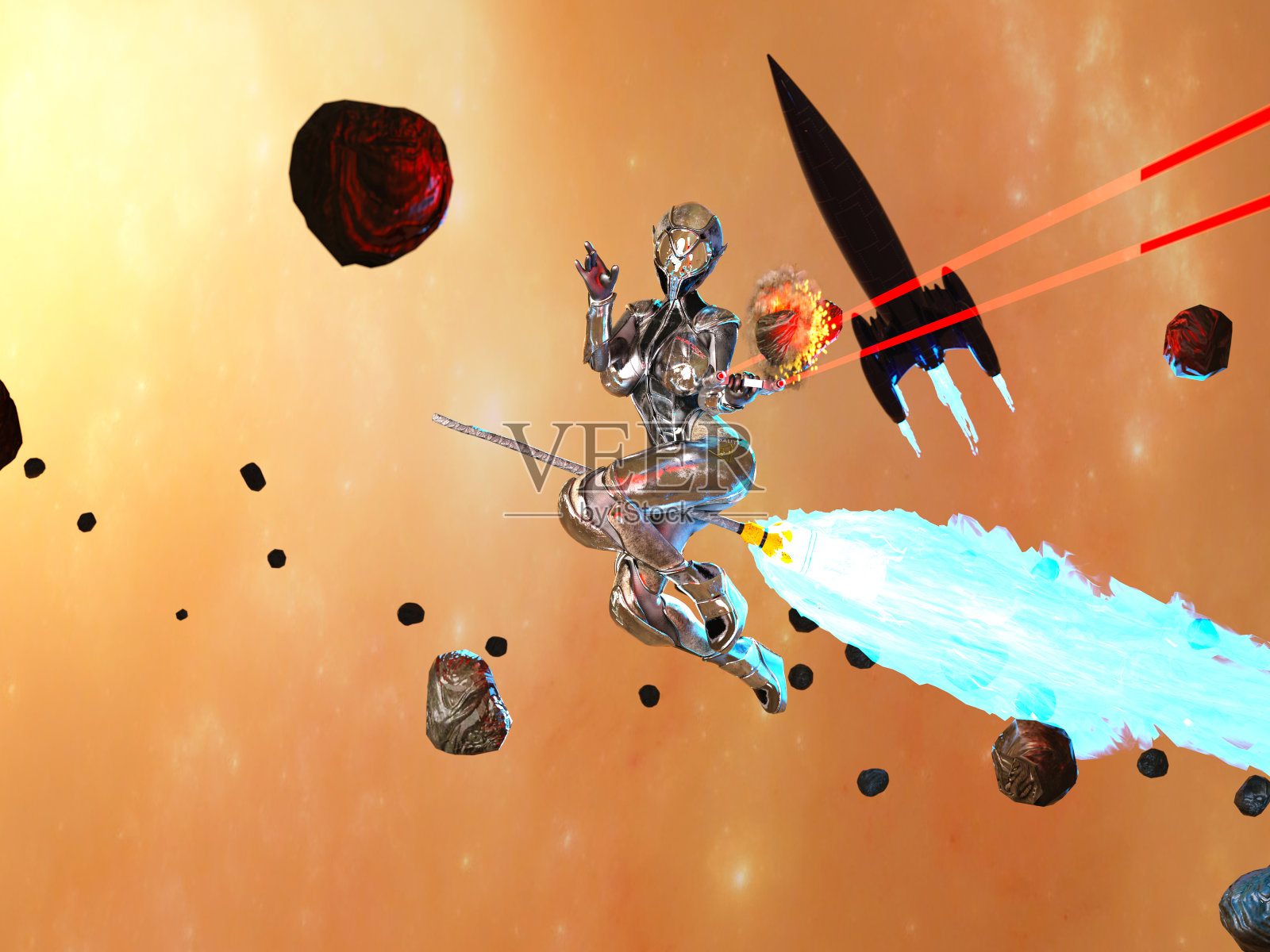 太空女巫骑扫帚的3D照片照片摄影图片