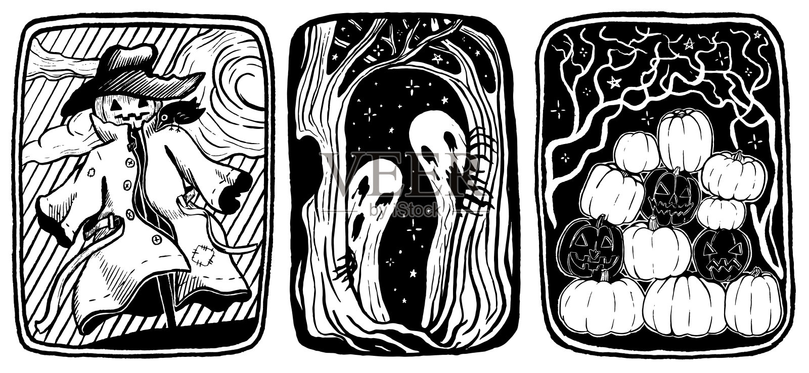 万圣节矢量插图收集。鬼魂，南瓜和稻草人。复古的印花风格。手绘图形插图在素描风格。适用于海报、印刷品、明信片、贴纸、t恤等。插画图片素材