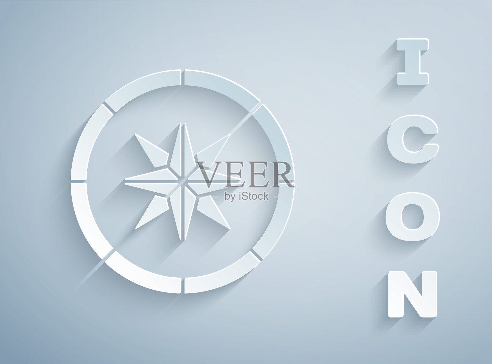 剪纸指南针图标孤立在灰色背景。Windrose导航的象征。风向玫瑰图信号。纸艺术风格。向量插画图片素材