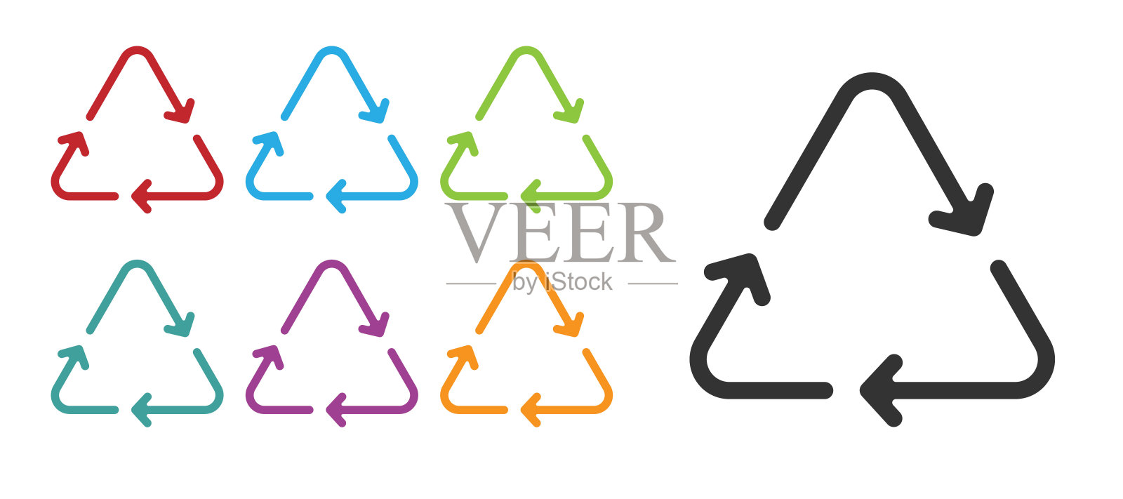 黑色循环符号图标孤立在白色背景。圆形箭头图标。环境可回收，走向绿色。设置图标丰富多彩。向量图标素材