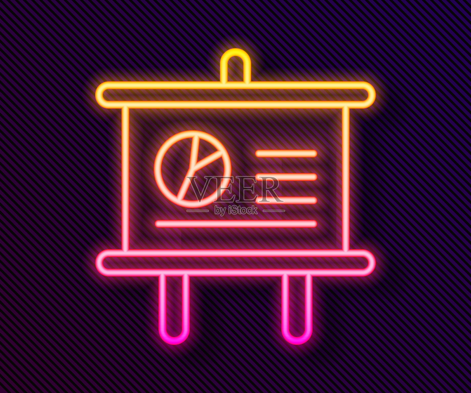 发光氖气线展示板与图形，时间表，图表，图表，信息图，饼图图标隔离在黑色背景。向量图标素材