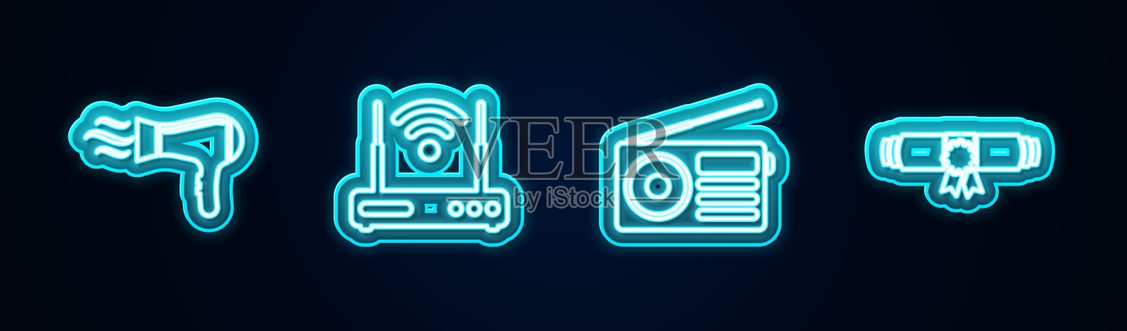 设置线路吹风机，路由器和wi-fi，收音机和文凭滚动滚动。发光的霓虹灯图标。向量图标素材