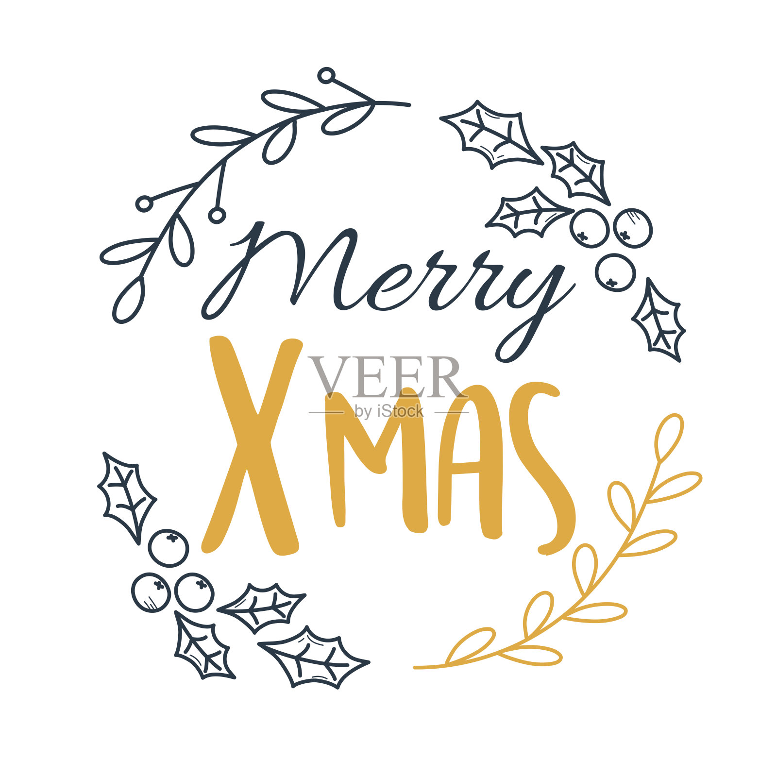 圣诞快乐手写字母冬青莓叶装饰插画图片素材