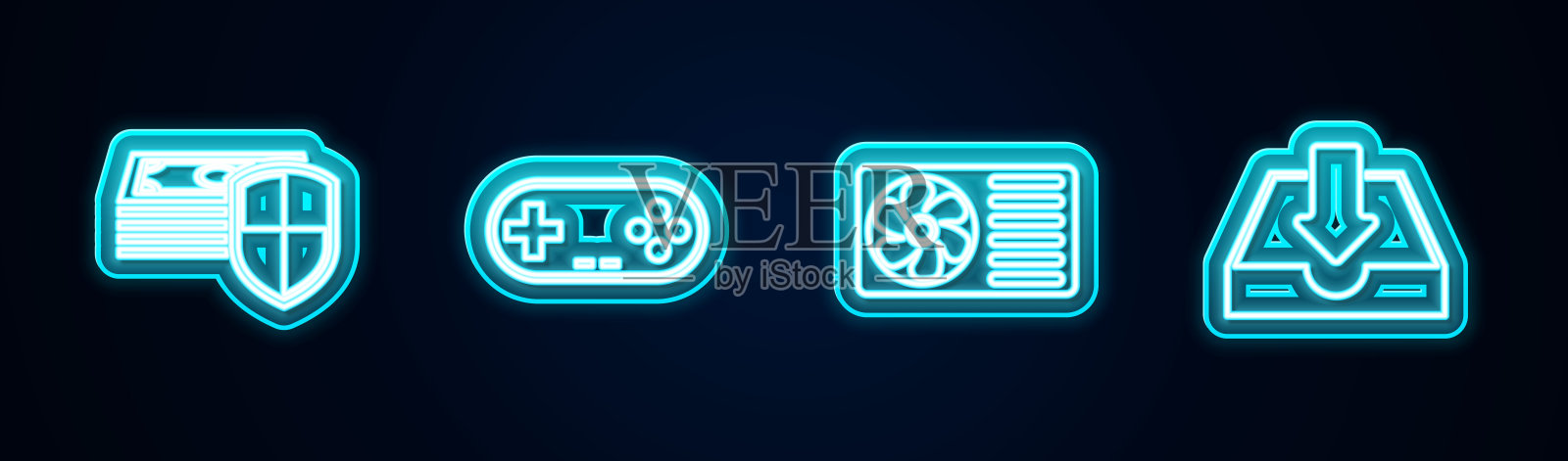 设置线金钱保护，手柄，空调和下载收件箱。发光的霓虹灯图标。向量图标素材