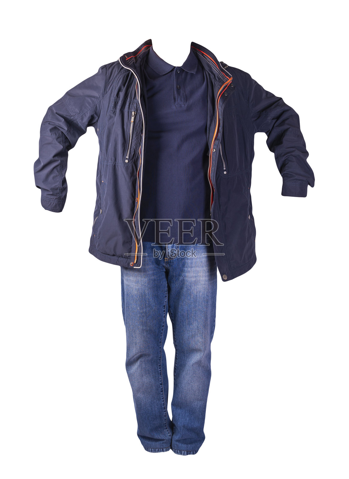 夹克，衬衫和蓝色牛仔裤孤立在白色背景。休闲时尚服装照片摄影图片