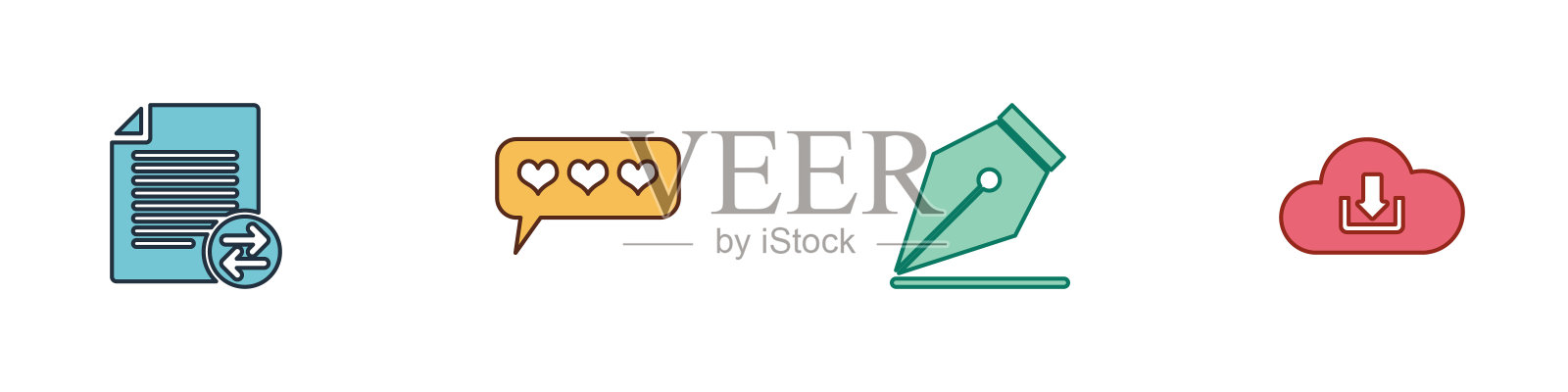 设置传输文件，喜欢和心，钢笔笔尖和云下载图标。向量图标素材