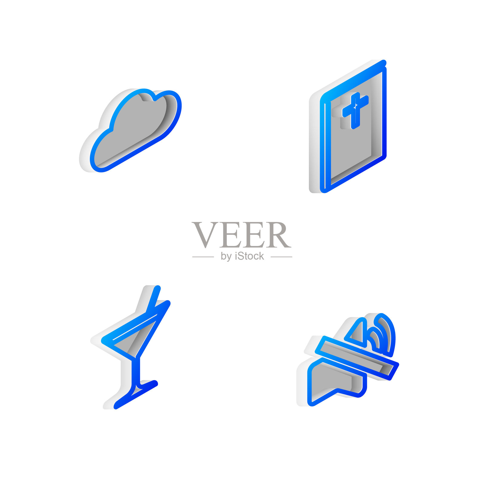 设置等距线圣经书，云，马提尼酒杯和扬声器静音图标。向量图标素材