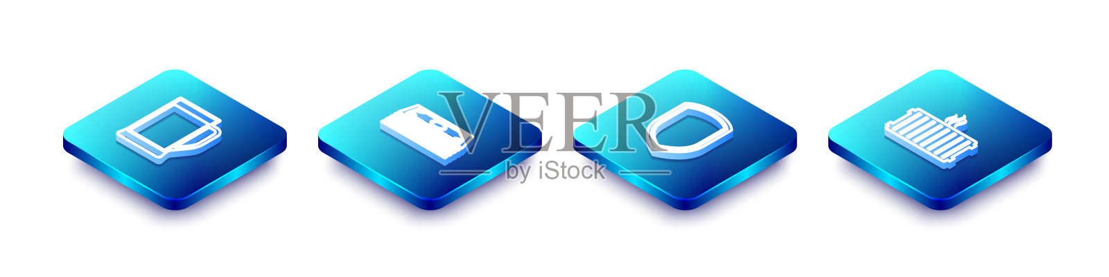 设置等距线玻璃啤酒，堆栈纸币现金，盾牌和暖气散热器图标。向量图标素材