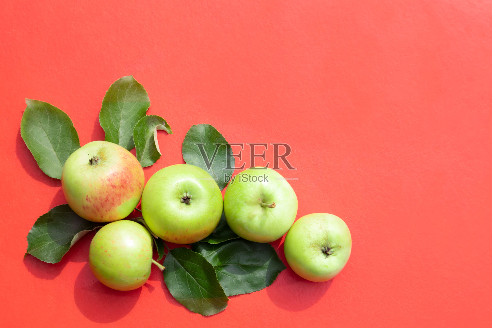 绿苹果和叶子，红色背景，文字空间。广告、海报、明信片。照片摄影图片