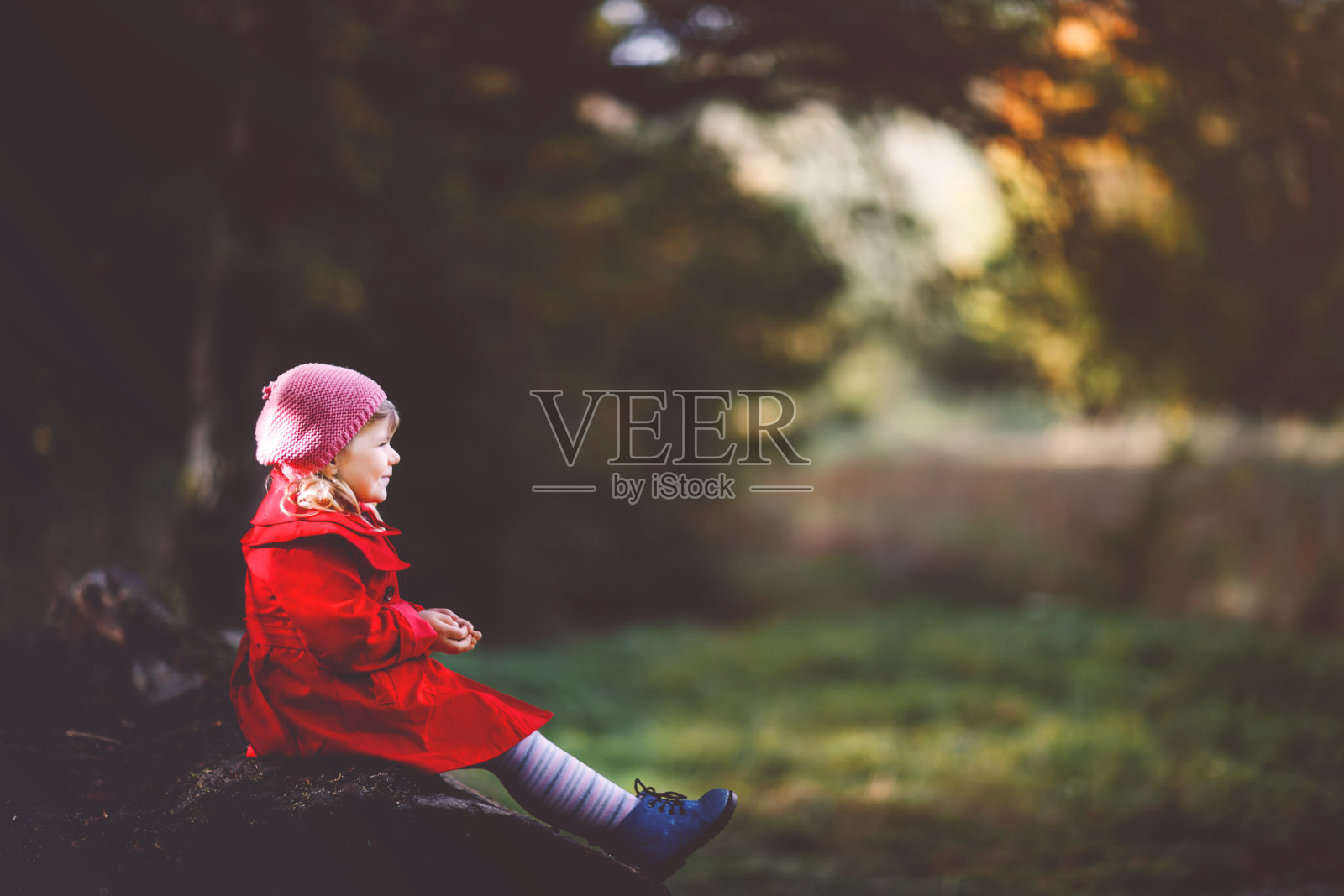 可爱的小女孩穿着红色的外套在秋天的森林里散步。快乐健康的宝宝喜欢和父母一起散步。秋高气爽的一天怀上了孩子。与孩子们在大自然中进行积极的休闲活动。照片摄影图片