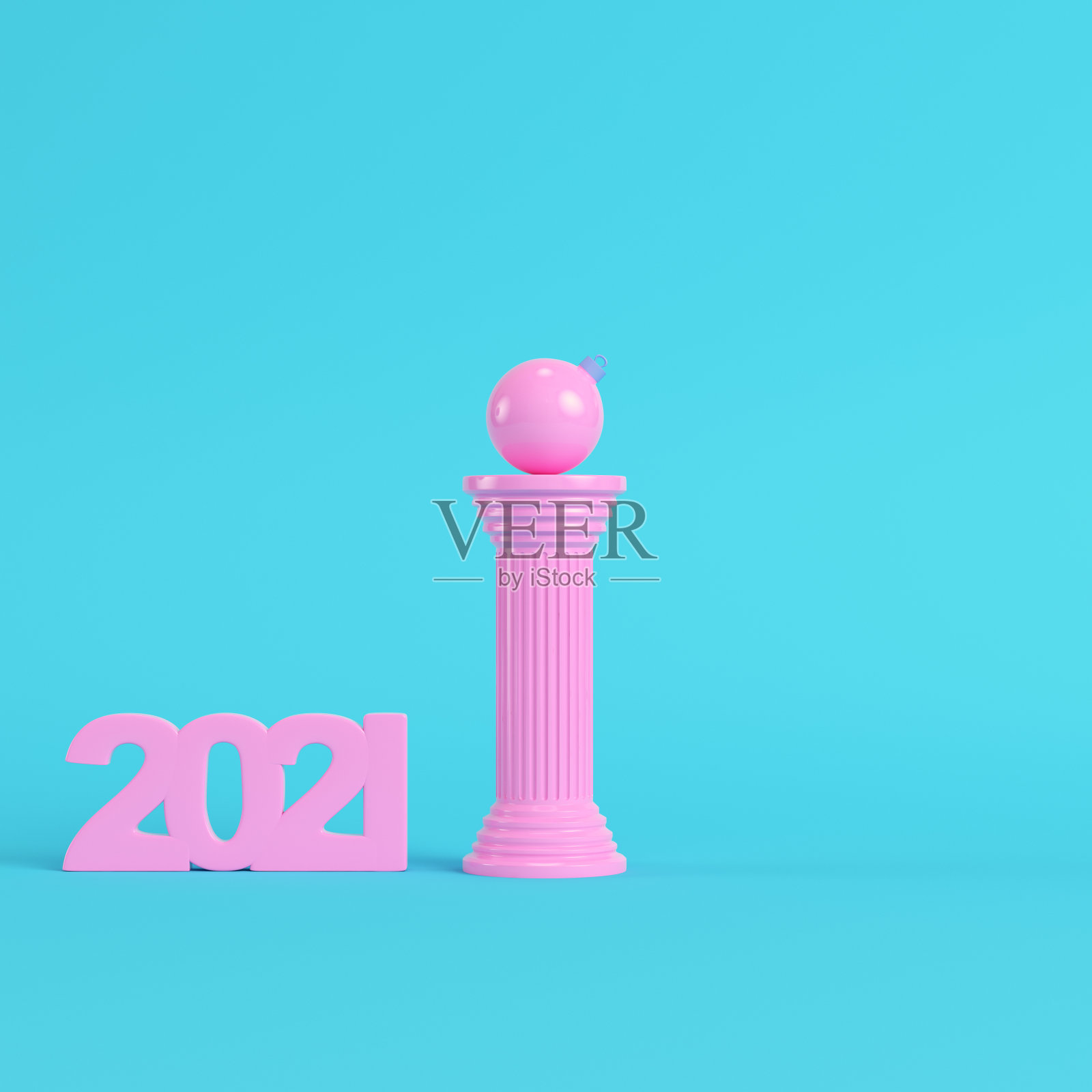 粉红色的2021年人物与圣诞球在古老的柱上明亮的蓝色背景在柔和的颜色照片摄影图片