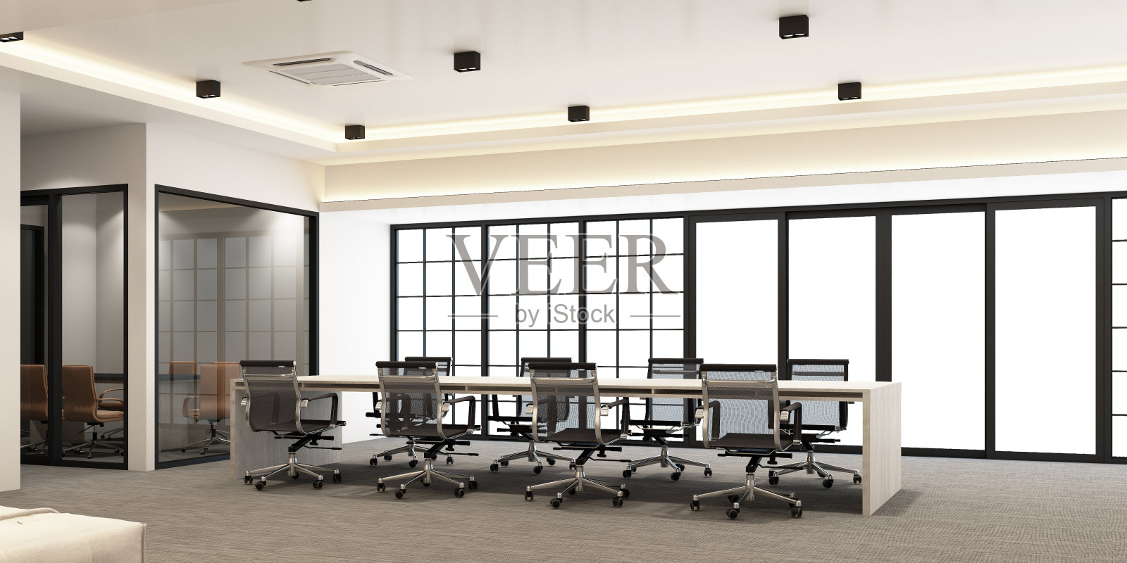 现代化的办公区域，地毯地板和会议室。室内3 d渲染照片摄影图片