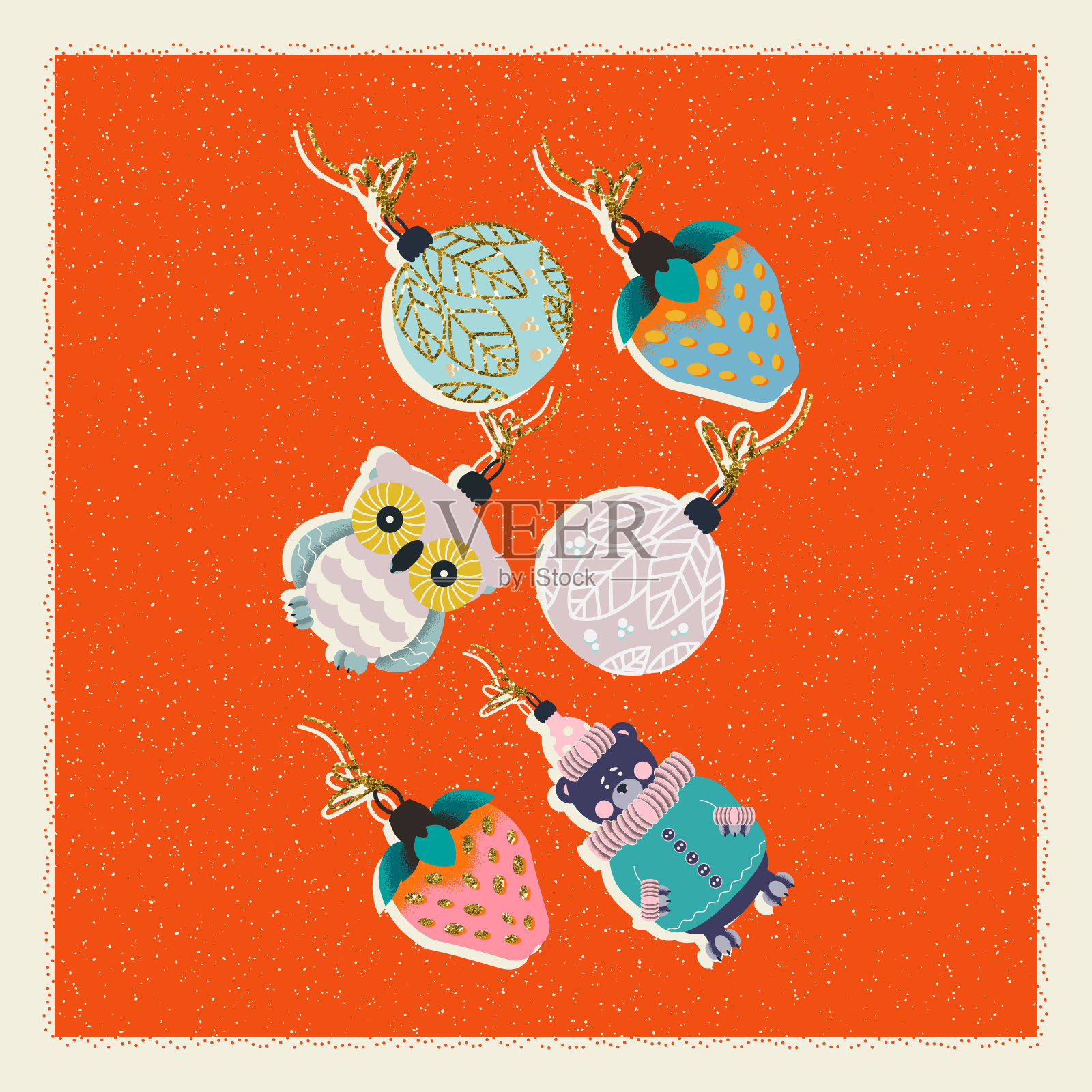 圣诞和新年贺卡上有草莓，球，猫头鹰和泰迪熊。冬季问候向量插画图片素材