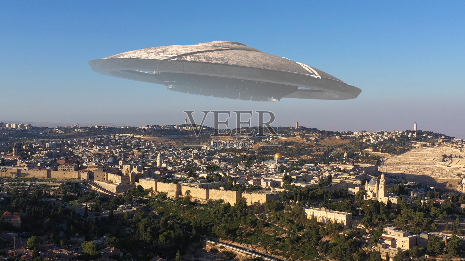 飞碟飞越耶路撒冷老城-鸟瞰图照片摄影图片