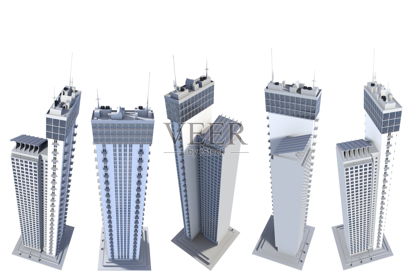 5顶视图渲染的虚构设计金融高楼生活的塔与天空反射-孤立的白色，建筑的3d插图照片摄影图片