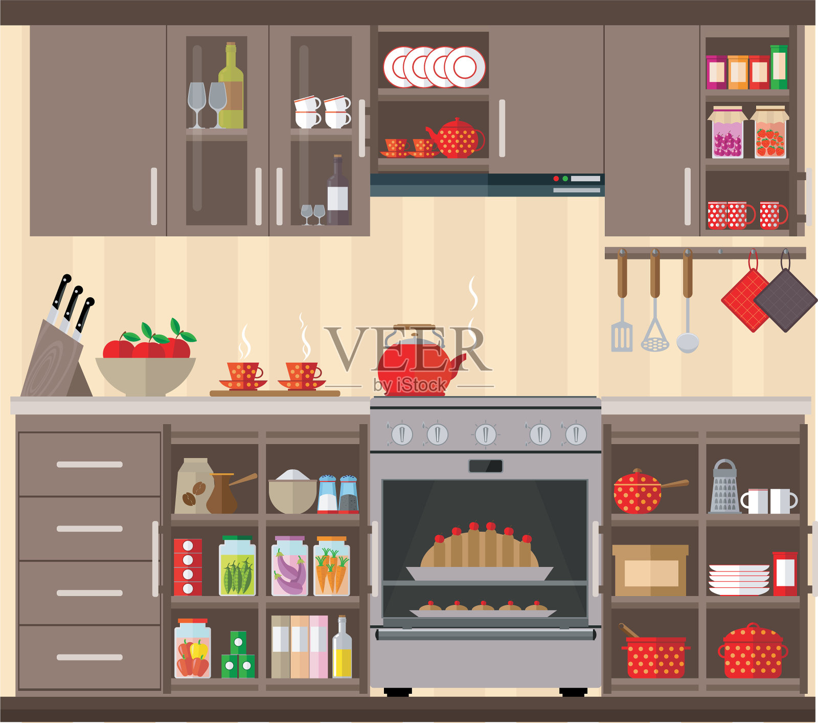 厨房内设厨房家具餐具插画图片素材