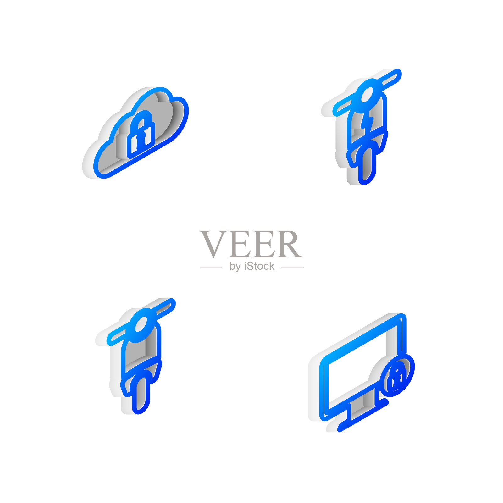 在显示器图标上设置电动滑板车、云计算锁、滑板车和锁等等距线。向量图标素材