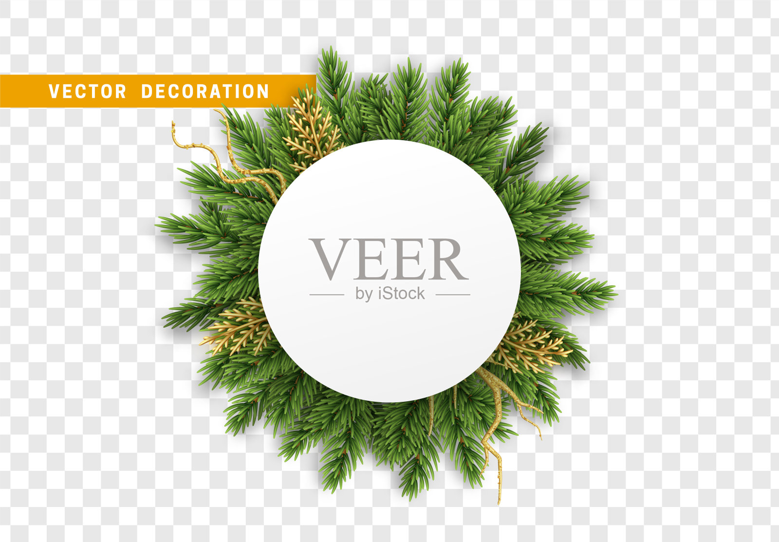 绿色的松枝，金色的装饰圣诞树的树枝。插画图片素材