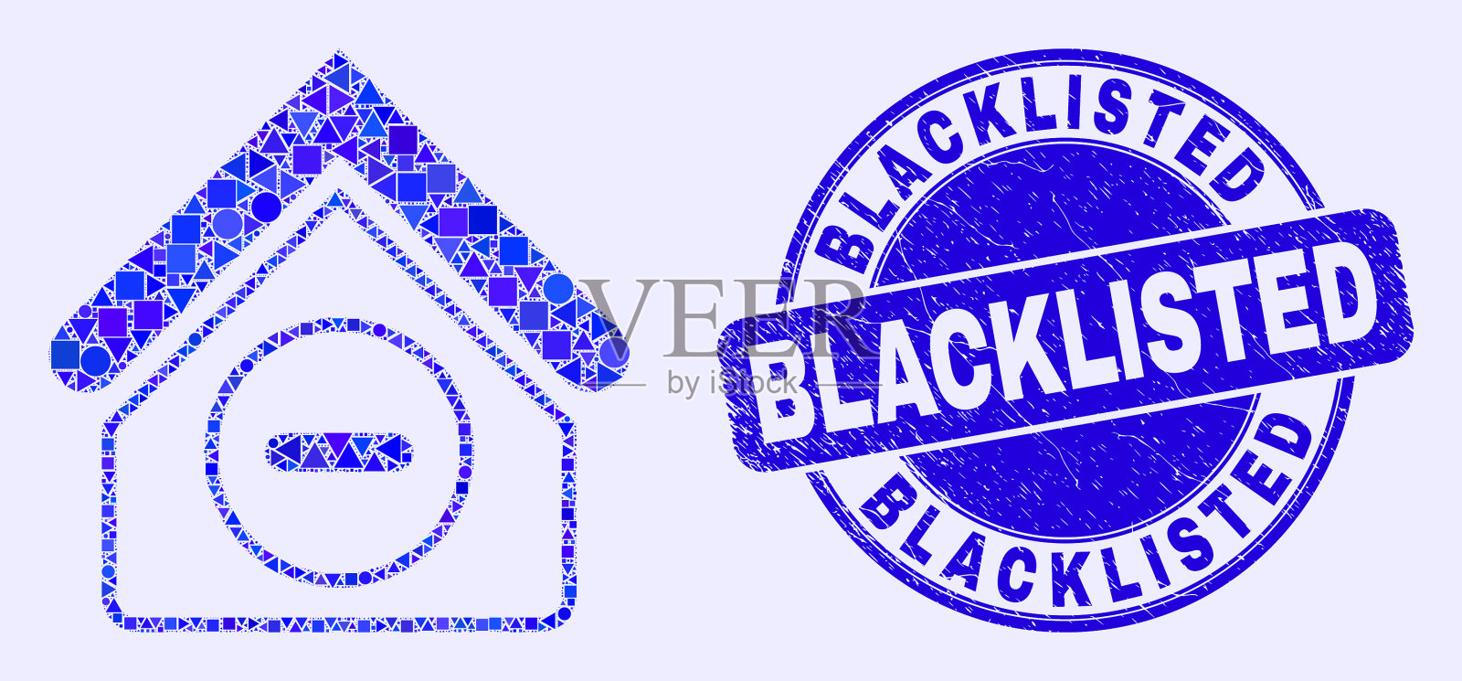 蓝色垃圾黑名单印章和禁屋插画图片素材