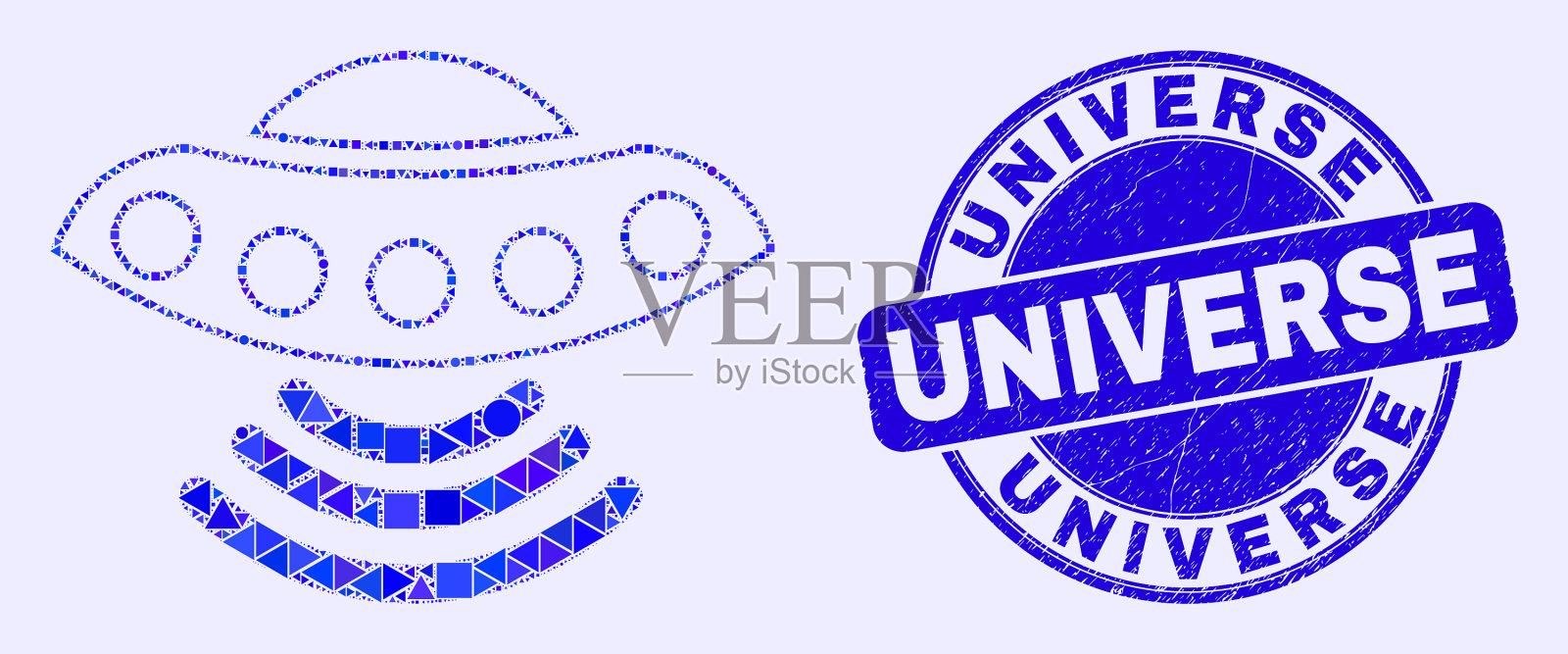 蓝色垃圾宇宙邮票印章和UFO马赛克插画图片素材