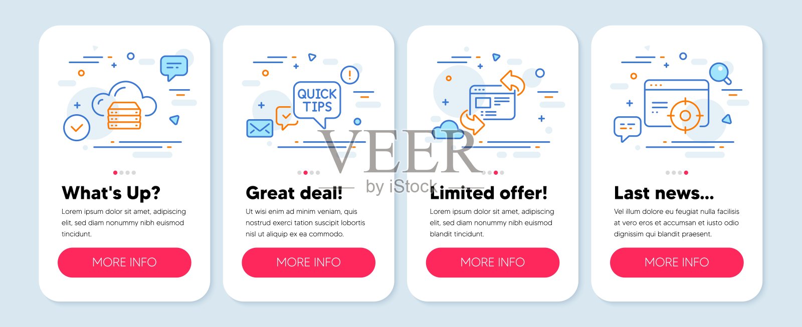 一组科学图标，如刷新网站，云服务器，快速提示符号。Seo目标线图标。向量设计模板素材