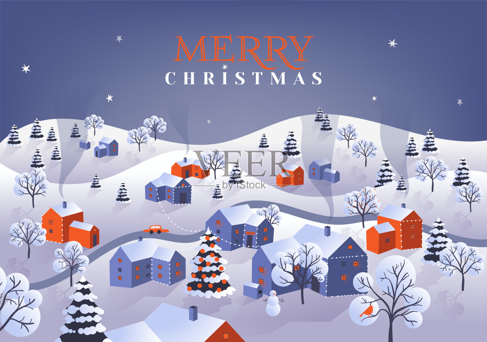 圣诞节雪中小镇矢量素材设计模板素材