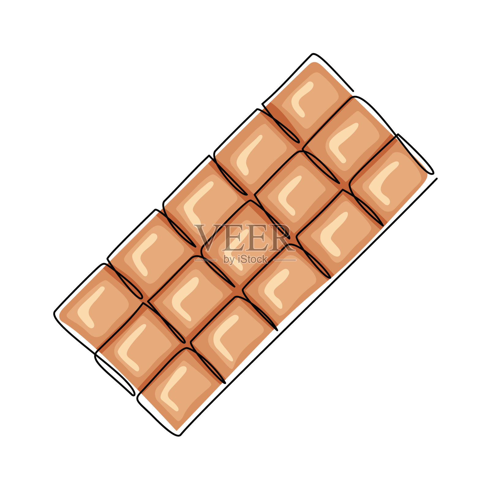 棕色牛奶巧克力棒，彩色图标用黑色一条连续的线条插画图片素材