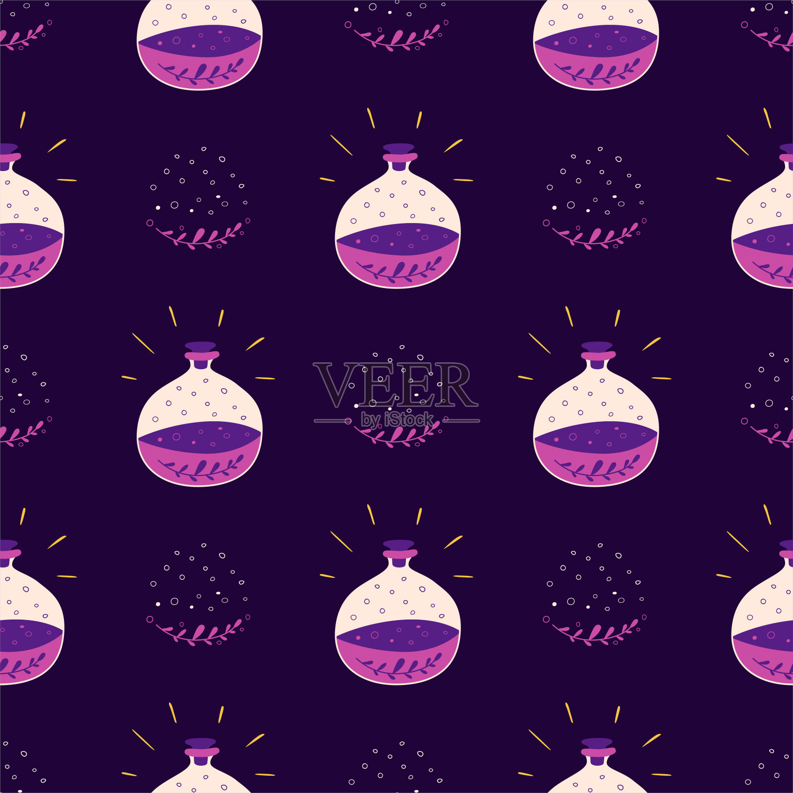 精灵瓶无缝图案魔术紫罗兰卡通药水瓶可爱的万圣节黑暗背景。插画图片素材
