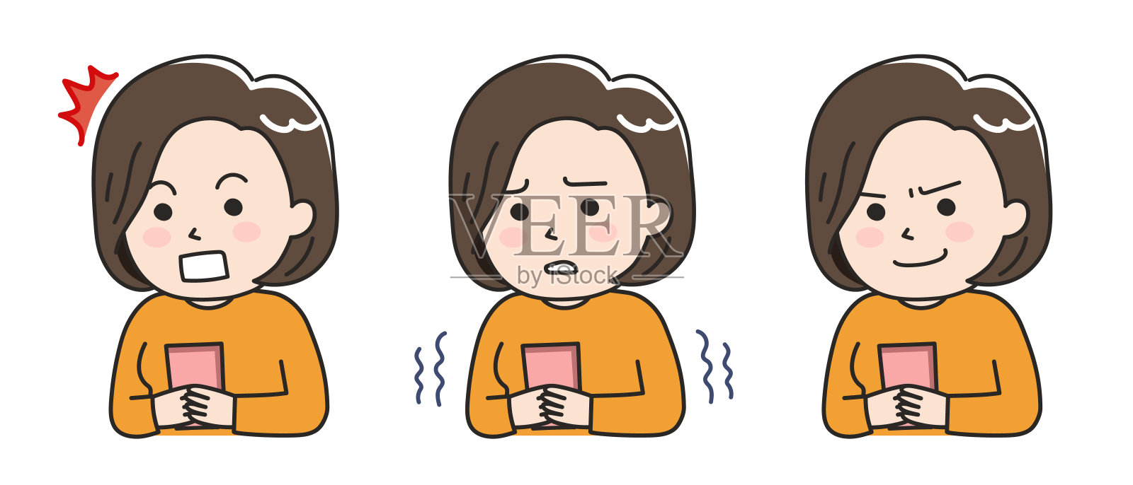 女性在不好的情况下使用智能手机时的面部表情。插画图片素材