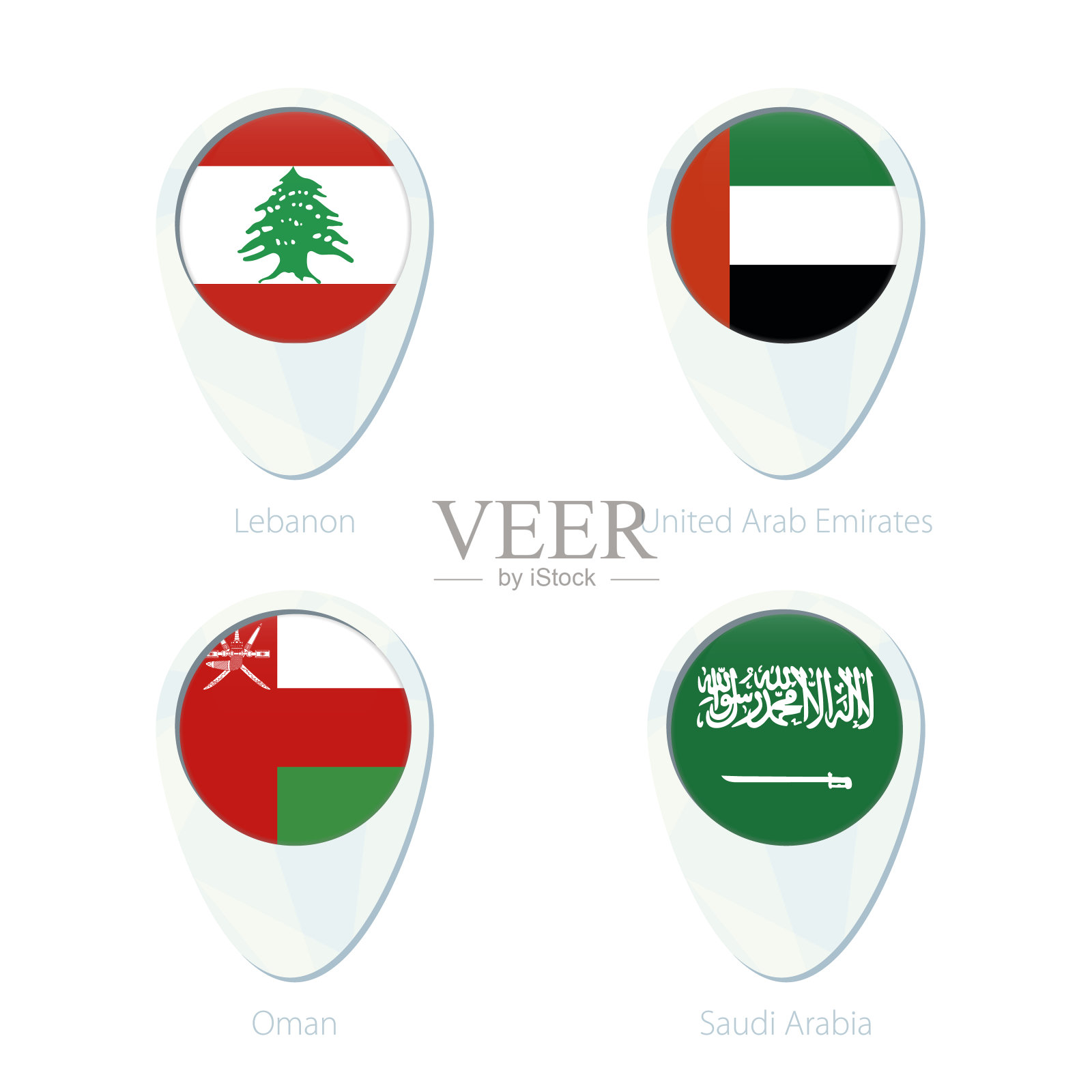 黎巴嫩，阿拉伯联合酋长国，阿曼，沙特阿拉伯国旗位置地图大头针图标。插画图片素材