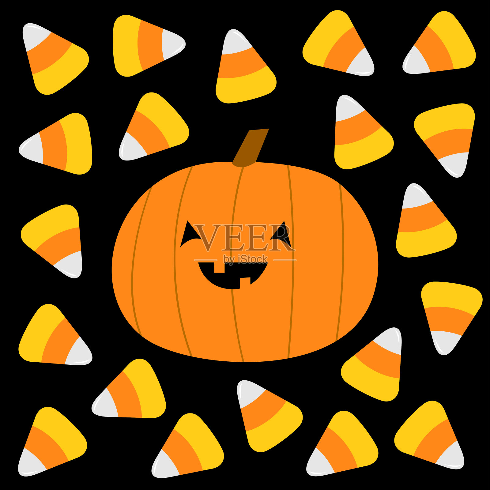 万圣节快乐。糖果玉米，笑脸南瓜。可爱的卡通卡哇伊有趣的婴儿角色集。甜蜜的三角形的食物。平面设计。黑色背景。贺卡。孤立。插画图片素材