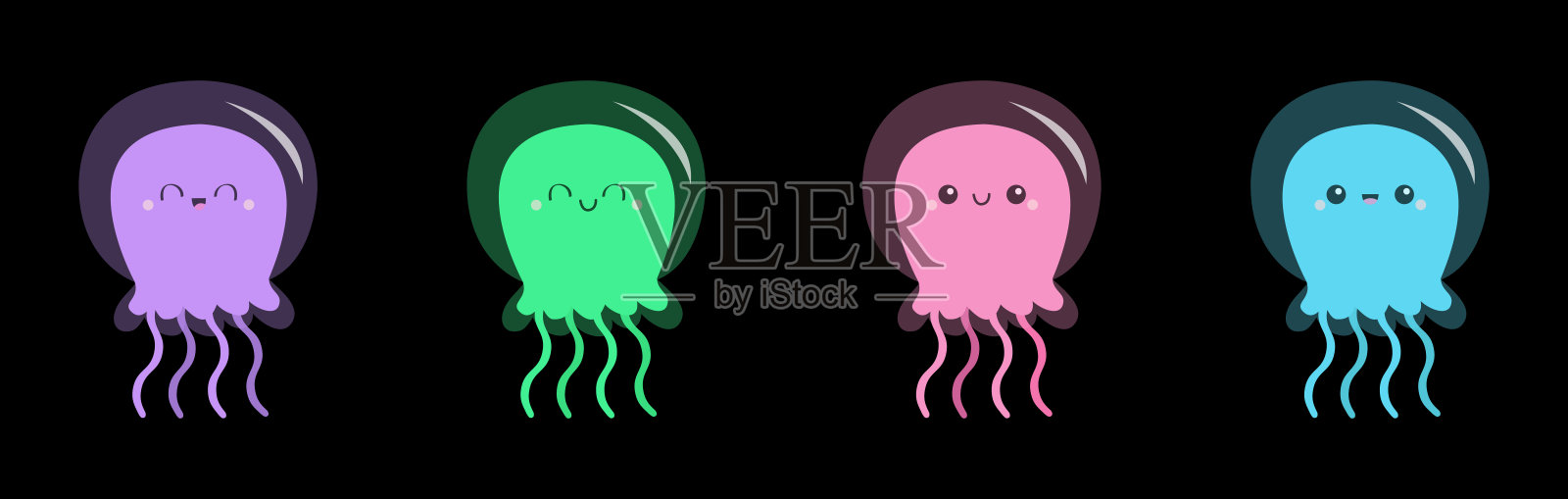 水母脸图标集线。可爱卡通卡哇伊有趣的宝宝角色。粉红色，绿色，蓝色，紫色。海洋动物。儿童t恤，笔记本封面印刷。黑色背景。平面设计。设计元素图片