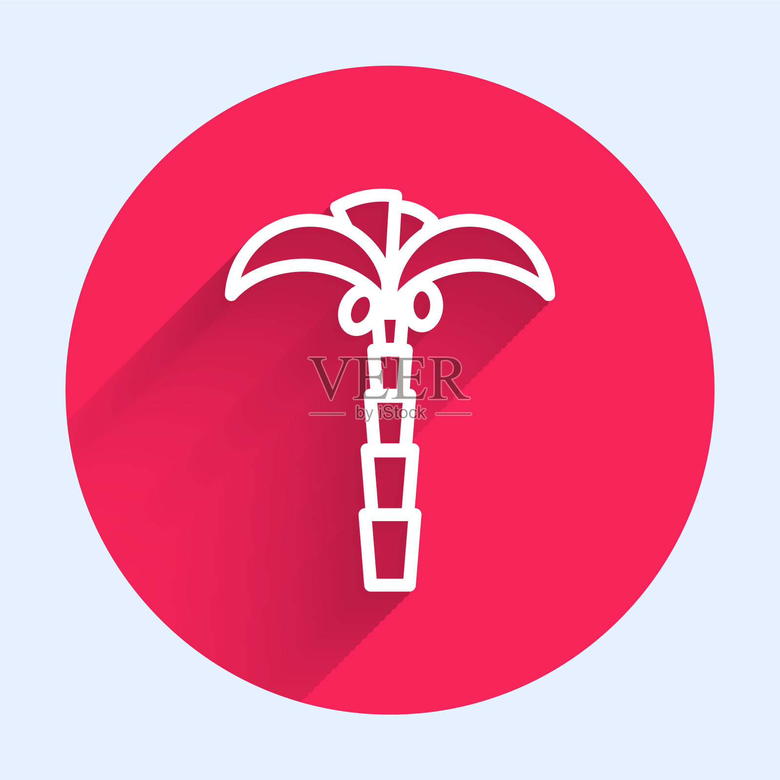 白色线热带棕榈树图标孤立与长影子。椰子棕榈树。红色圆圈按钮。矢量图插画图片素材