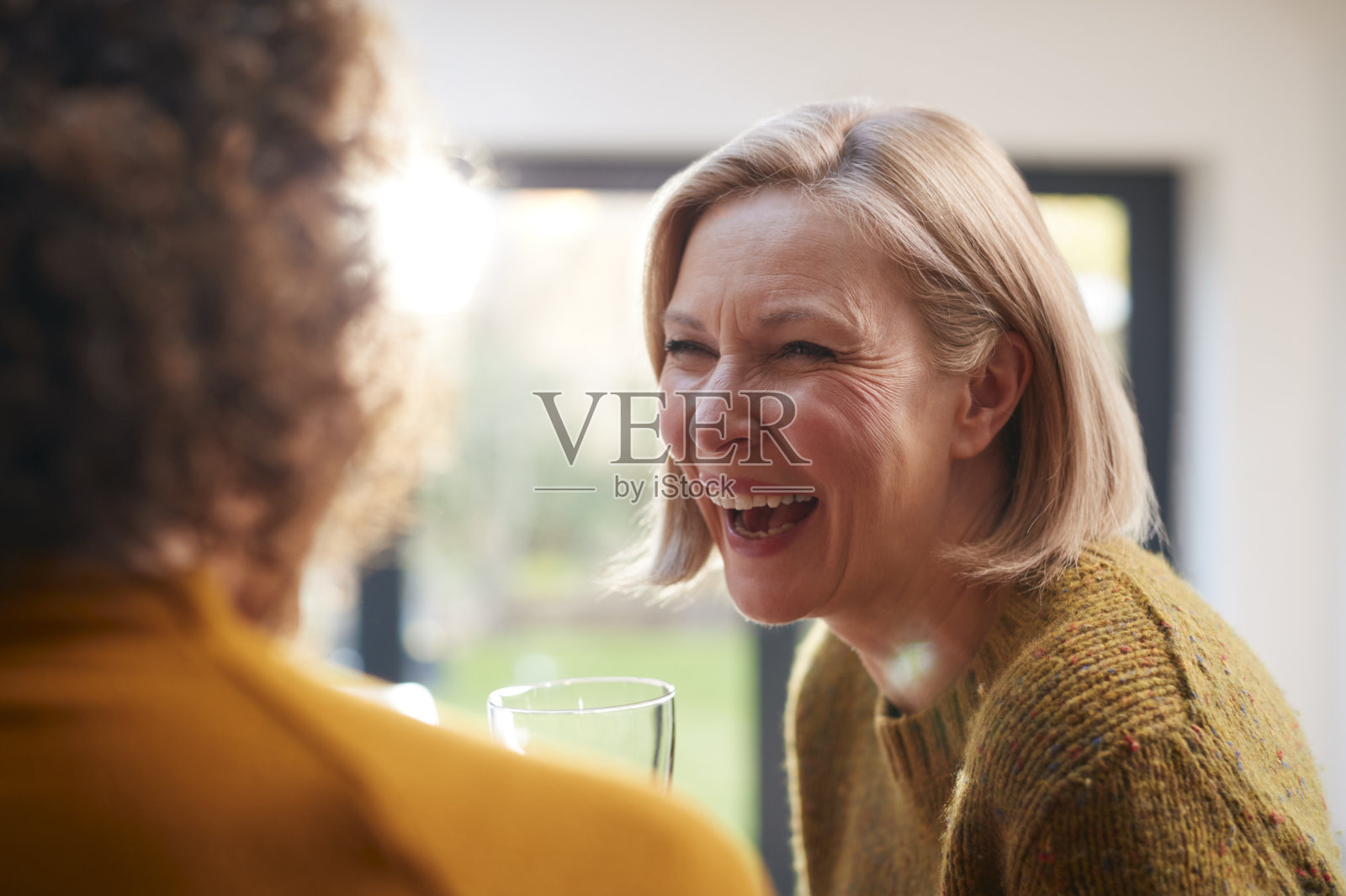 两个成熟的女性朋友聚在家里聊天喝酒照片摄影图片