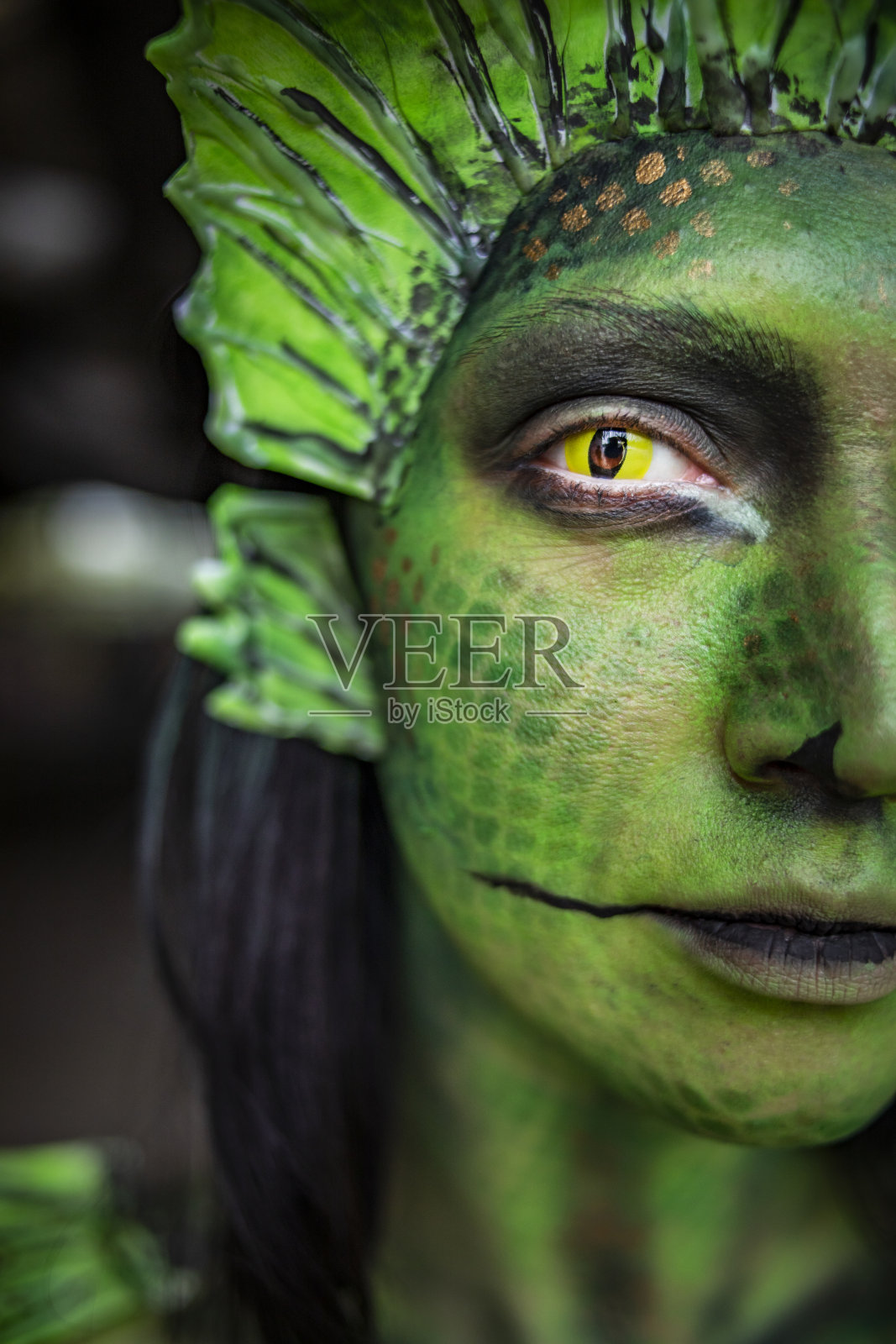 女人与蛇身体艺术-蛇女孩-脸部绘画艺术-在脸上画蛇准备在万圣节的化装舞会照片摄影图片