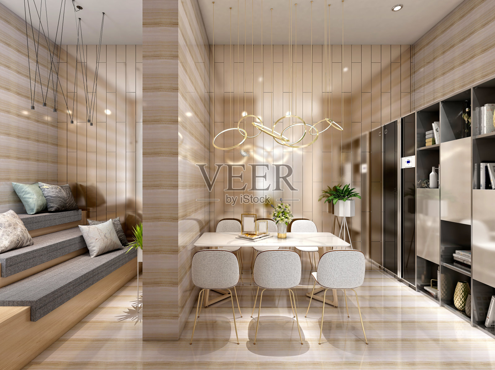 3 d渲染。现代餐厅和客厅内部。照片摄影图片