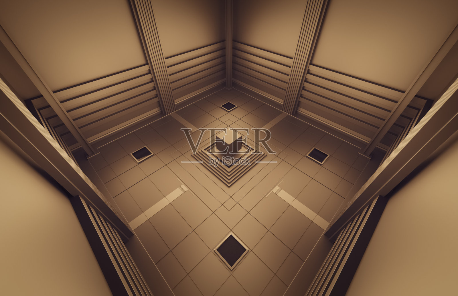 房间中心基座上的立方体。抽象场景，3d渲染。照片摄影图片