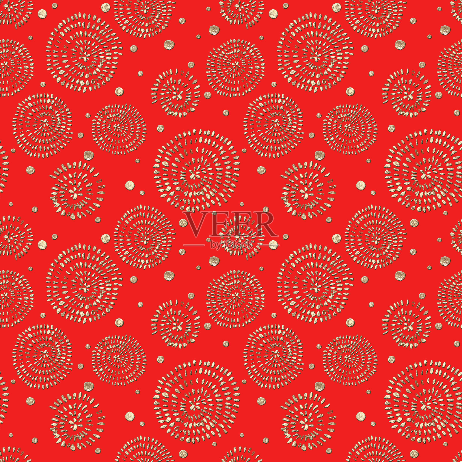 抽象无缝图案与3d金色闪闪的亚克力螺旋圆和波尔卡点在红色背景插画图片素材