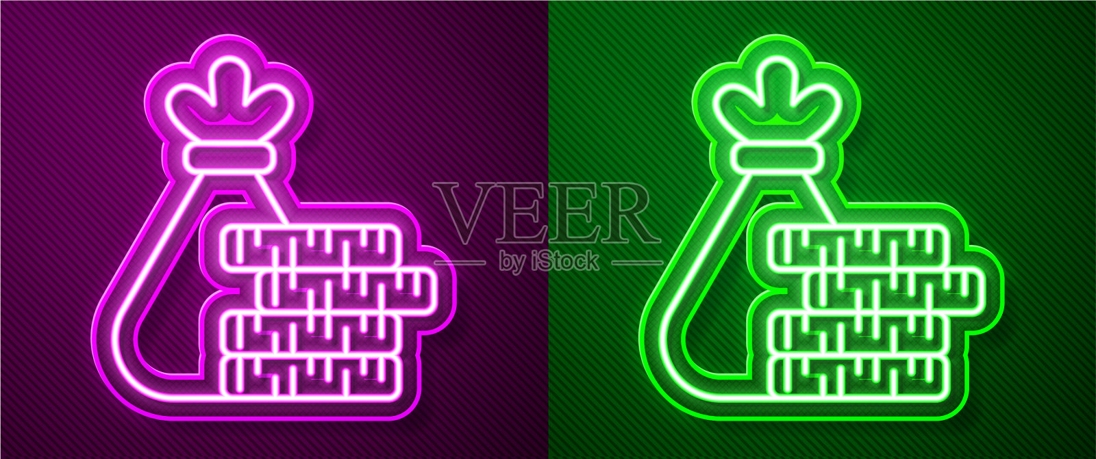发光的霓虹线钱袋和硬币图标孤立图标素材
