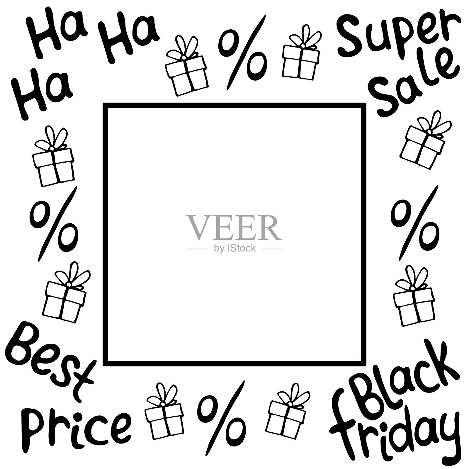向量框架上的黑色星期五的主题，购物，折扣和销售。边框由手绘礼品，百分比，题词涂鸦风格设计元素图片