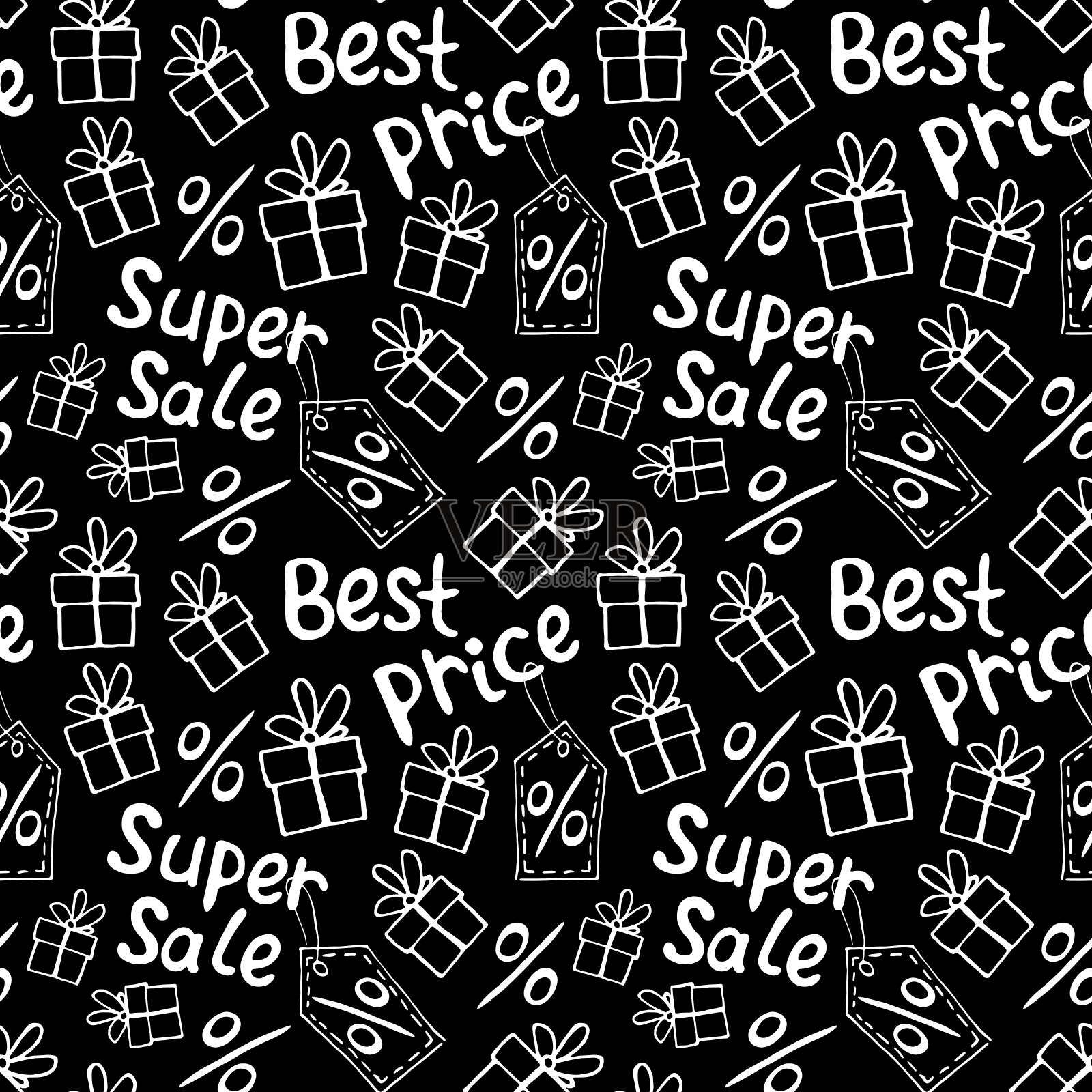 矢量无缝模式与铭文和符号销售。手绘黑色星期五主题的背景和纹理，最好的价格，折扣，购物和特别优惠设计元素图片