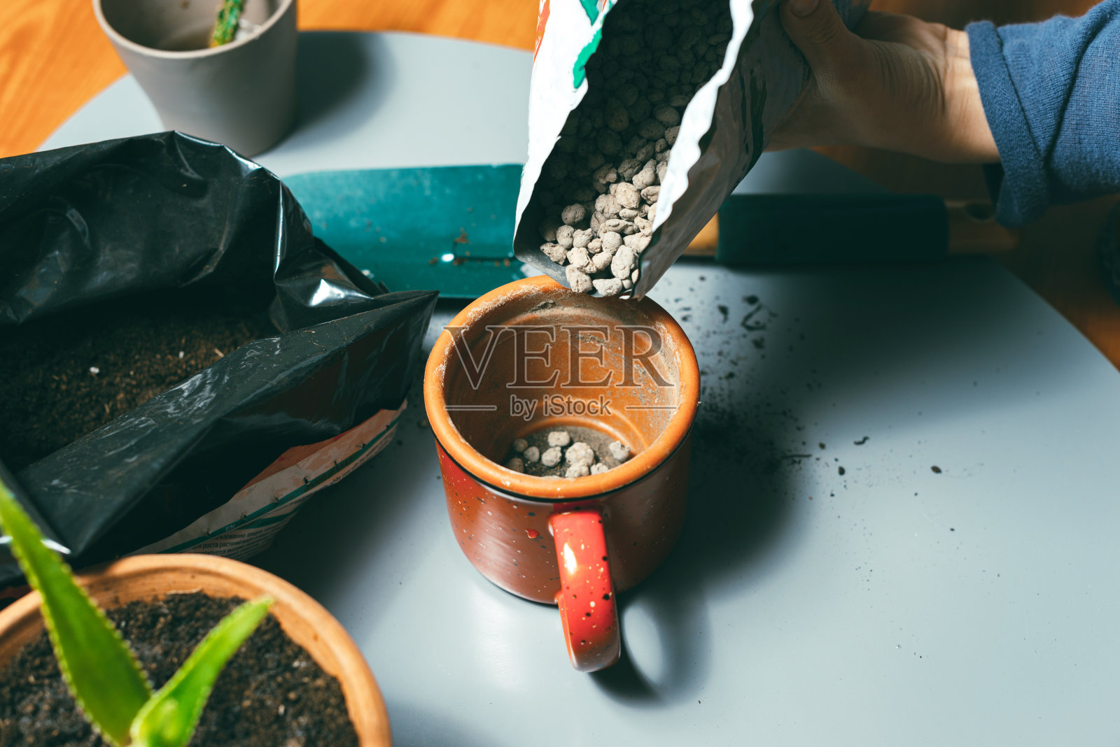 一个女人在罐子里放鹅卵石的照片照片摄影图片