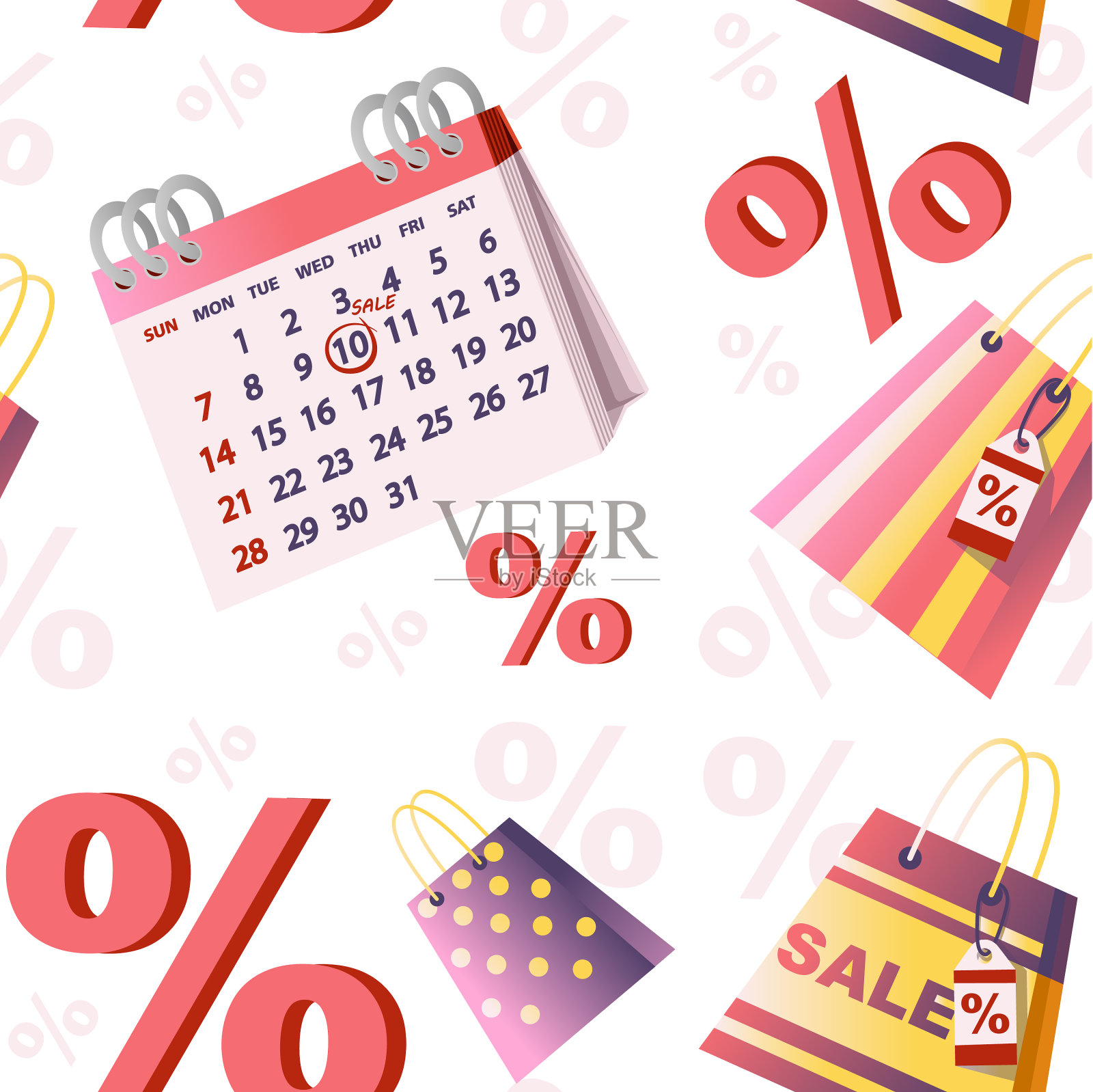 无缝图案购物纸袋与销售设计元素图片