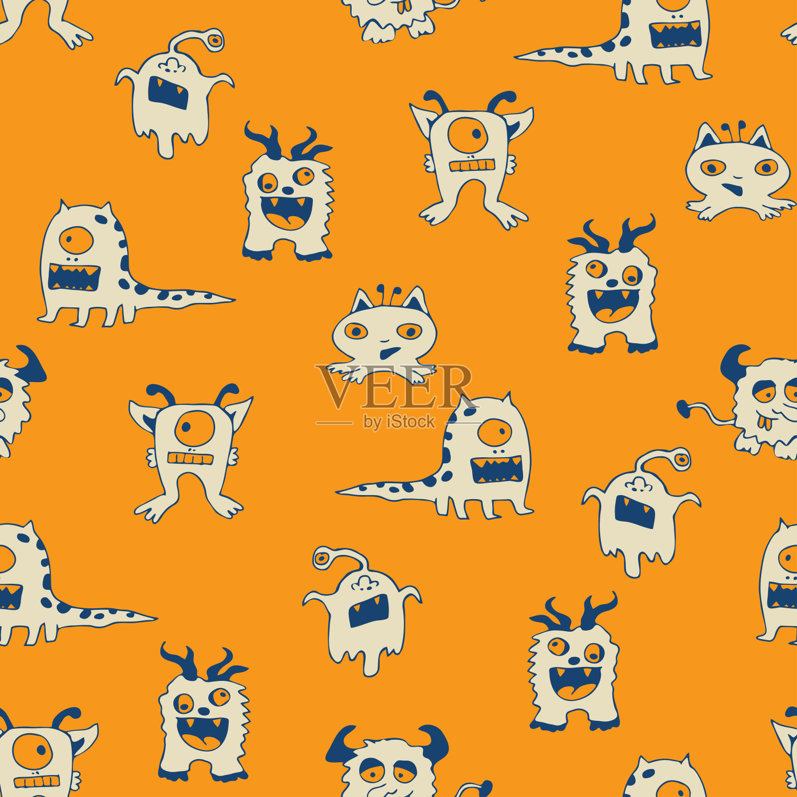 无缝矢量模式与黄色背景上的白色怪物。简单的卡通壁纸设计。为孩子们设计的疯狂时尚纺织品。插画图片素材