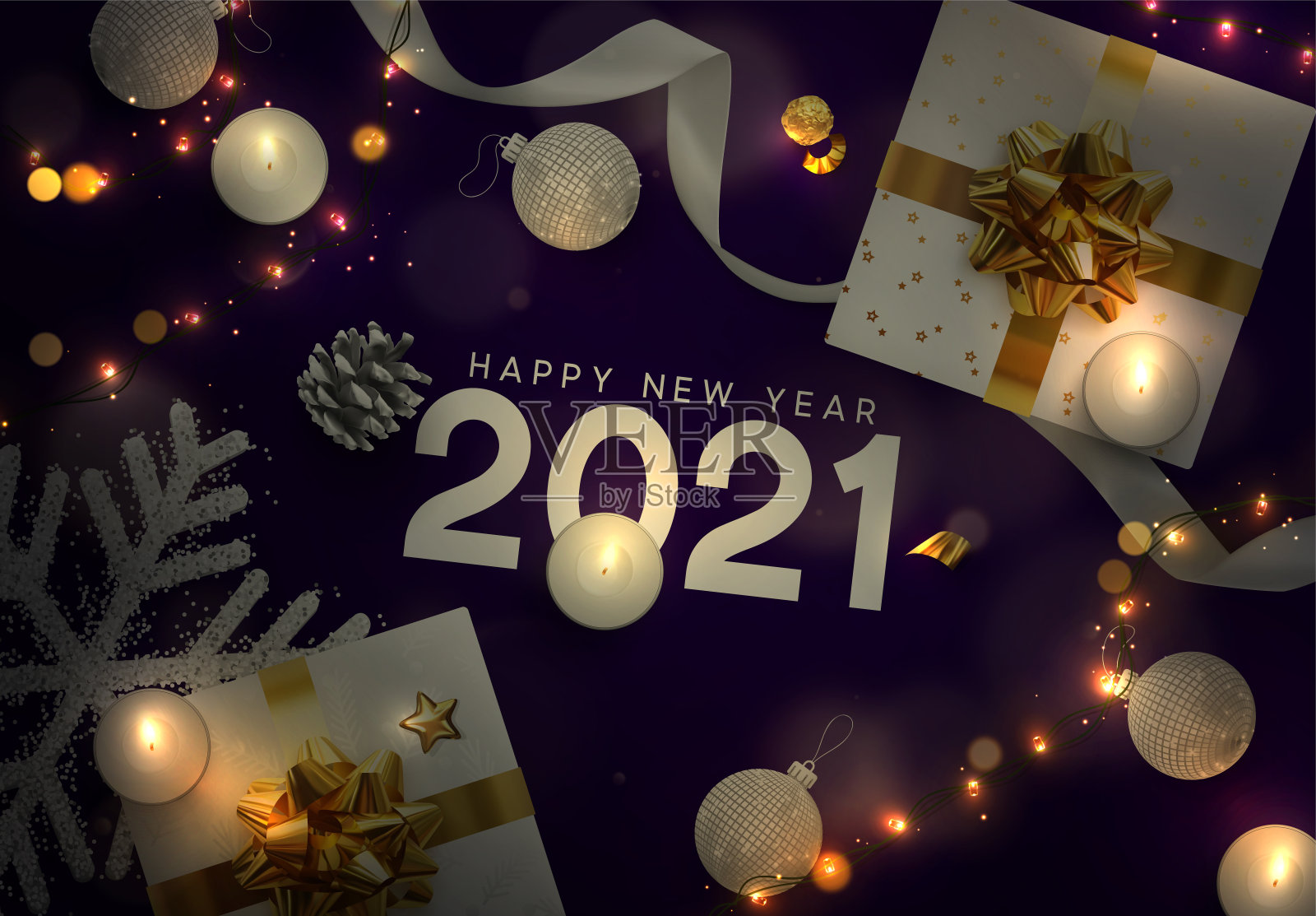 圣诞节向量背景。创意设计贺卡，横幅，网络海报。顶视图的礼盒，圣诞装饰串灯花环，球和雪花。插画图片素材