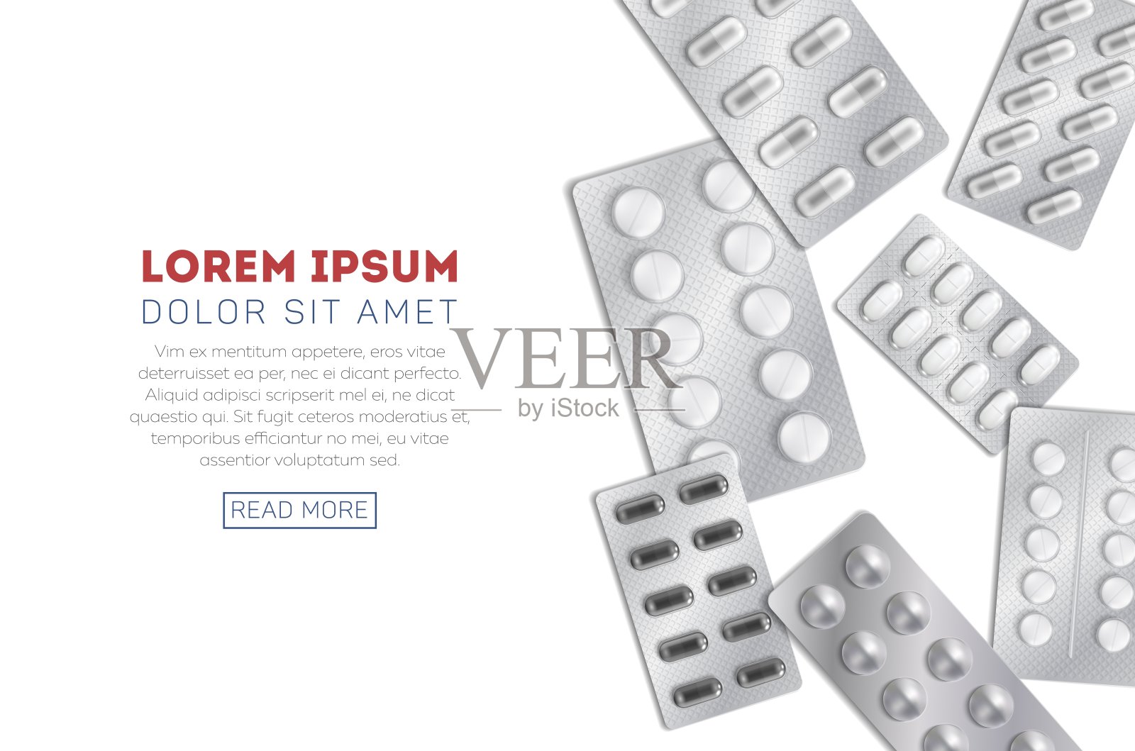 医疗旗帜。真实的药丸，银色的药泡。药学背景，孤立的抗生素和维生素，片剂。药物矢量图插画图片素材