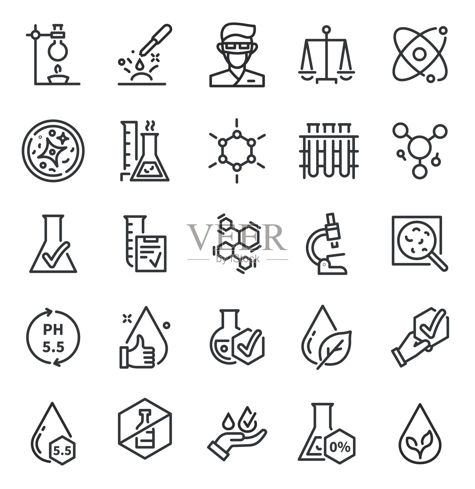 经过质量测试的图标。皮肤科，人工无过敏或低致敏符号。皮肤测试，无味无酒精。研究矢量符号图标素材